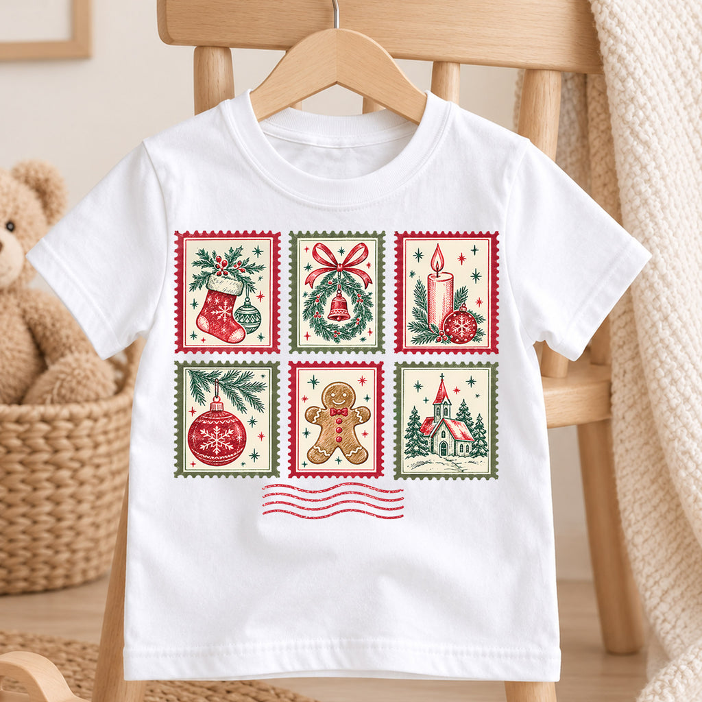 Vintage Christmas Postage Stamp Kids T-Shirt, Stocking Wreath Gingerbread Holiday Tee — product view 4