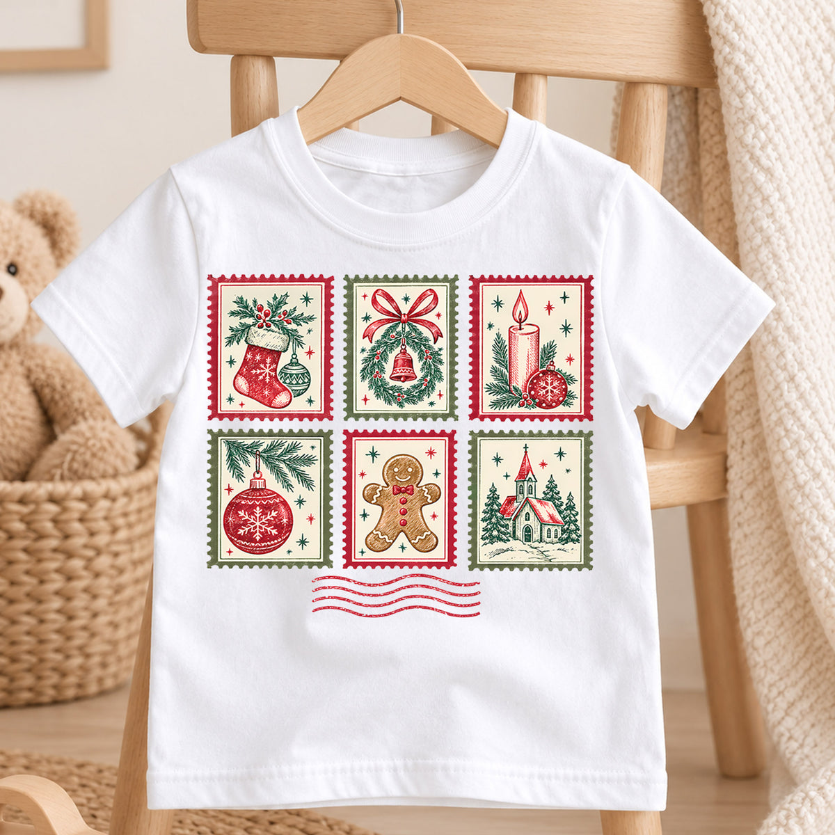 Vintage Christmas Postage Stamp Kids T-Shirt, Stocking Wreath Gingerbread Holiday Tee — product view 4
