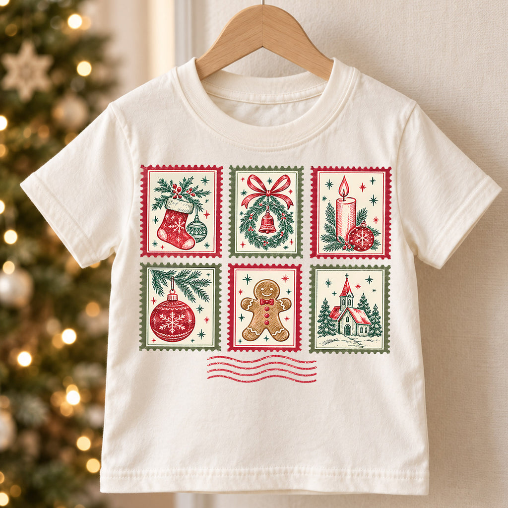 Vintage Christmas Postage Stamp Kids T-Shirt, Stocking Wreath Gingerbread Holiday Tee — product view 5