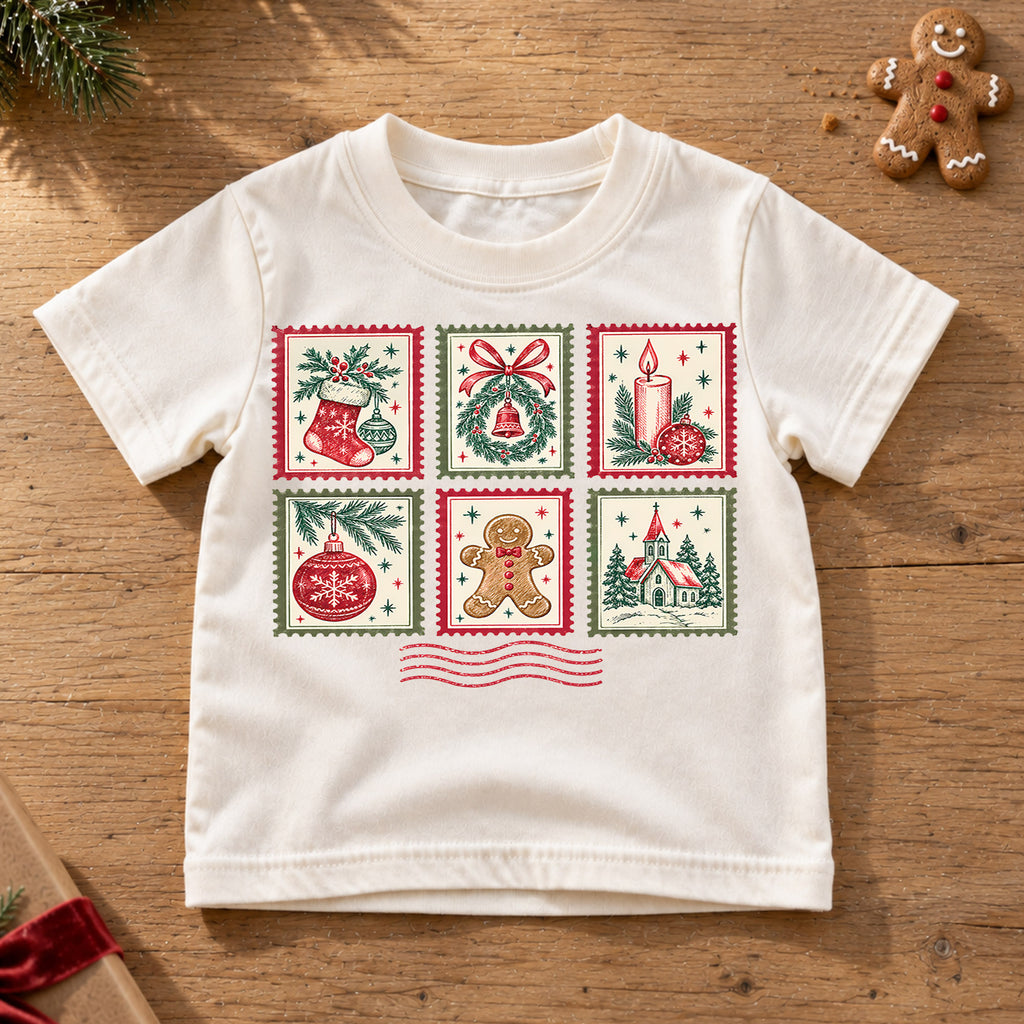 Vintage Christmas Postage Stamp Kids T-Shirt, Stocking Wreath Gingerbread Holiday Tee — product view 6
