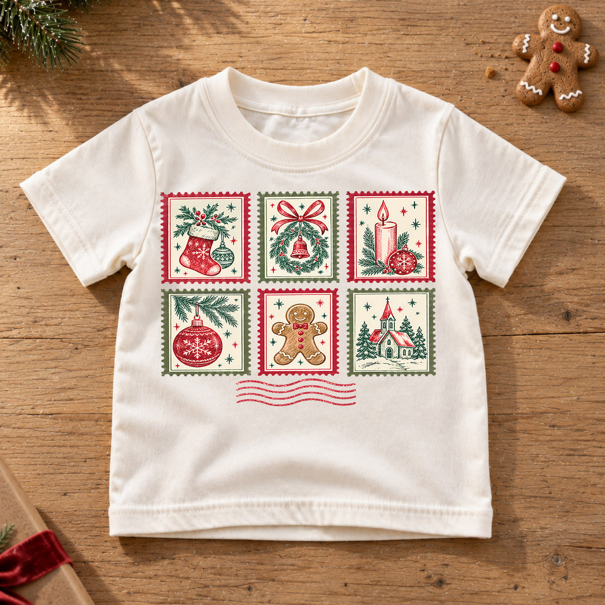 Vintage Christmas Postage Stamp Kids T-Shirt, Stocking Wreath Gingerbread Holiday Tee — product view 6