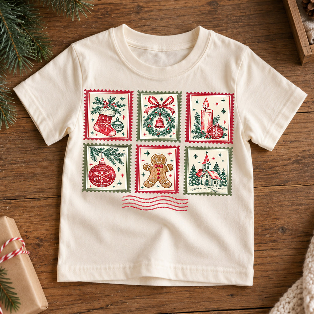 Vintage Christmas Postage Stamp Kids T-Shirt, Stocking Wreath Gingerbread Holiday Tee — product view 7