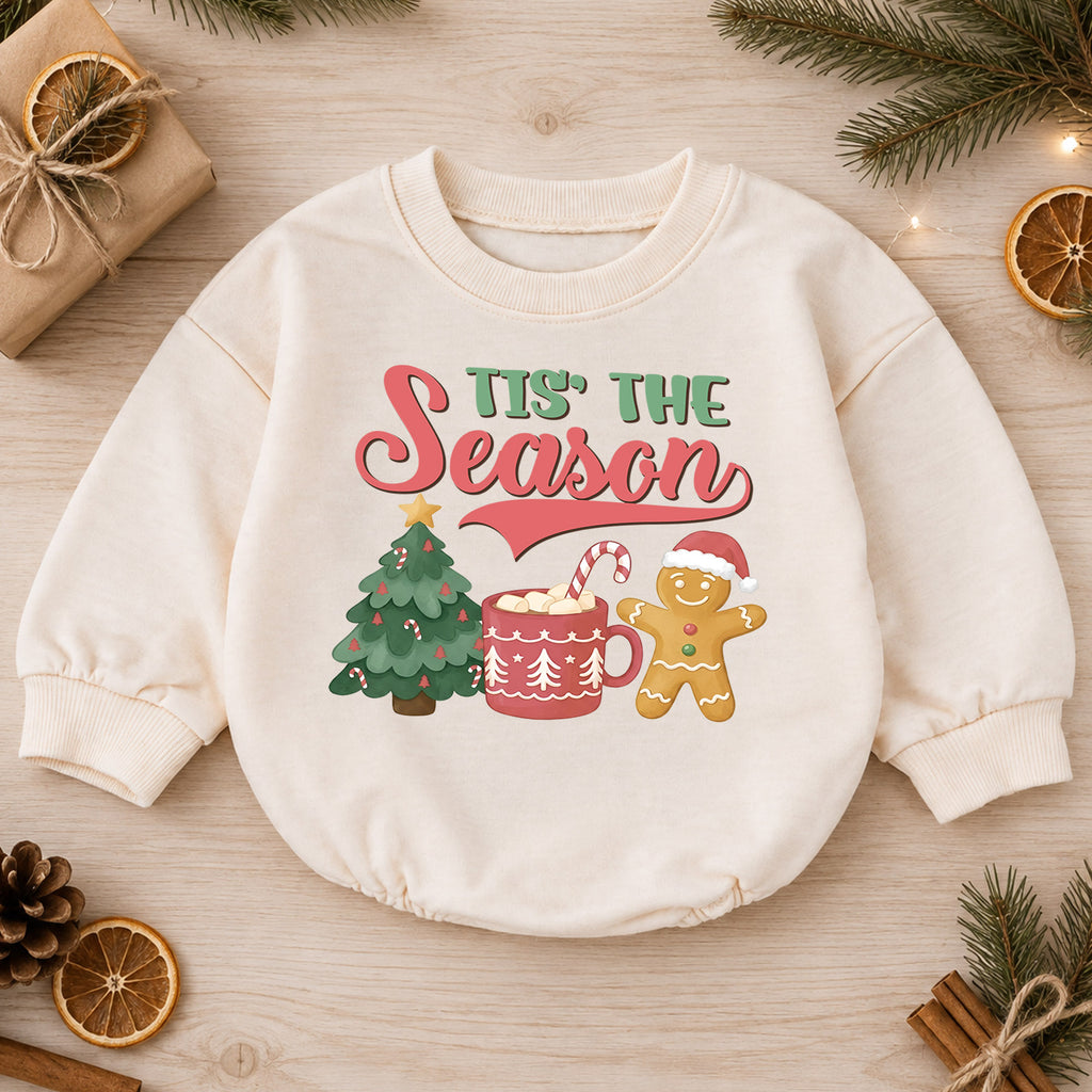 Tis the Season Christmas Baby Romper, Baby First Christmas Outfit, Gingerbread Hot Cocoa Tree, Toddler Xmas Outfit, Holiday Baby Gift — product view 1