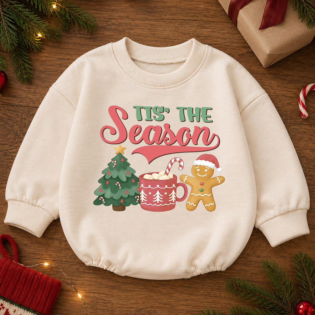 Tis the Season Christmas Baby Romper, Baby First Christmas Outfit, Gingerbread Hot Cocoa Tree, Toddler Xmas Outfit, Holiday Baby Gift — product view 2
