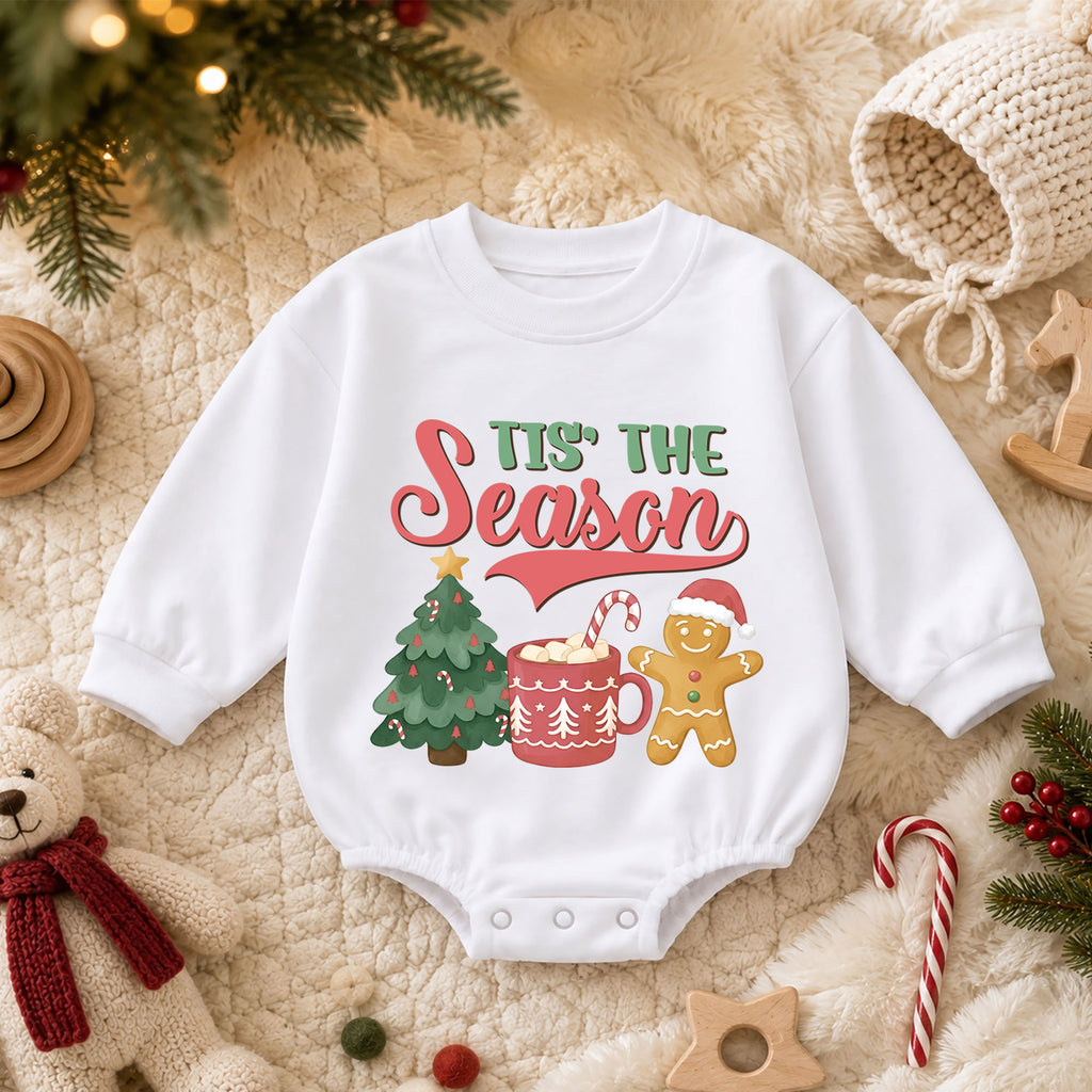 Tis the Season Christmas Baby Romper, Baby First Christmas Outfit, Gingerbread Hot Cocoa Tree, Toddler Xmas Outfit, Holiday Baby Gift — product view 3