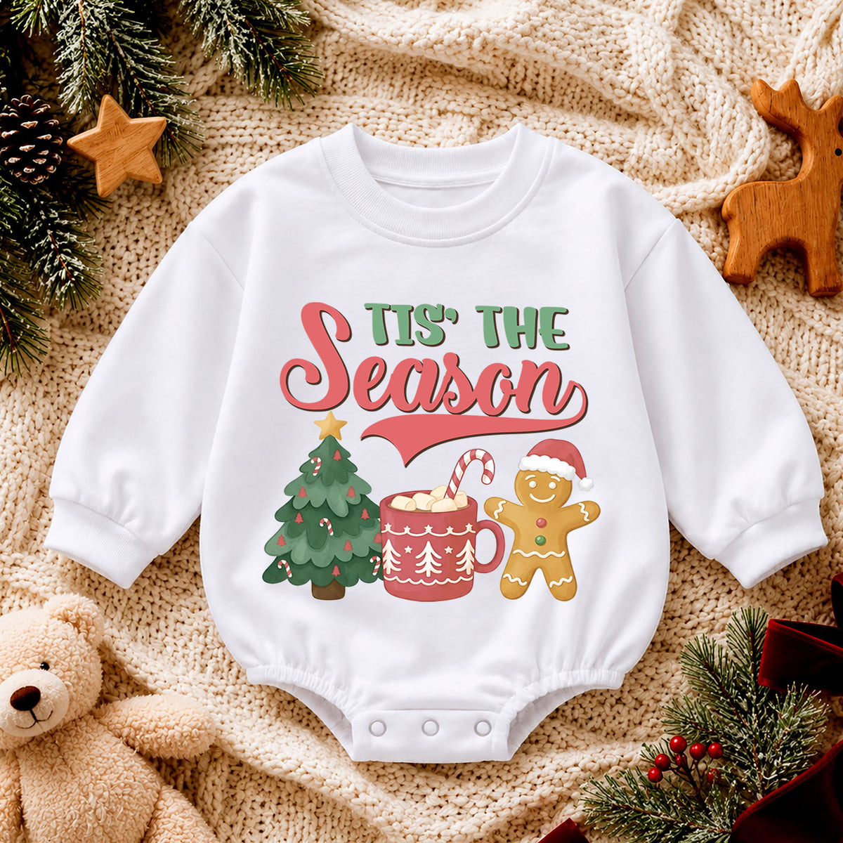 Tis the Season Christmas Baby Romper, Baby First Christmas Outfit, Gingerbread Hot Cocoa Tree, Toddler Xmas Outfit, Holiday Baby Gift — product view 4
