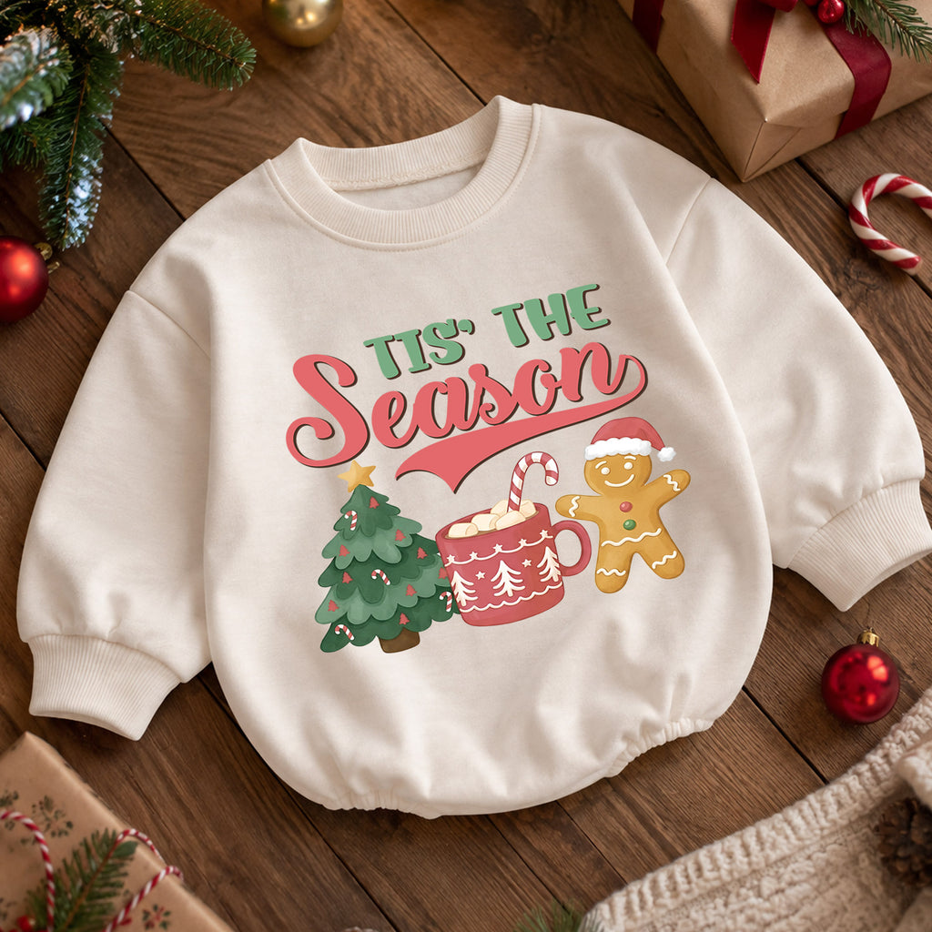 Tis the Season Christmas Baby Romper, Baby First Christmas Outfit, Gingerbread Hot Cocoa Tree, Toddler Xmas Outfit, Holiday Baby Gift — product view 5