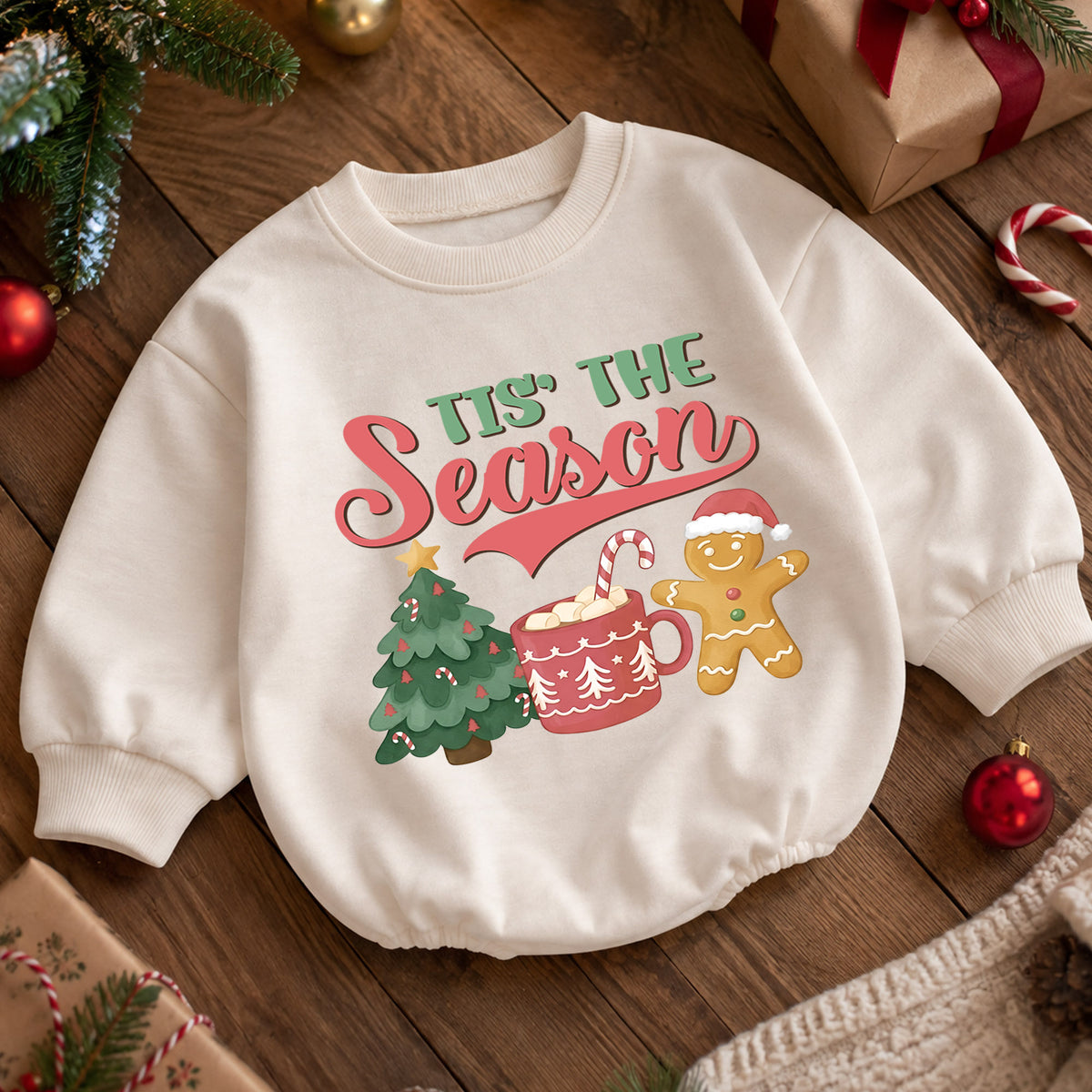 Tis the Season Christmas Baby Romper, Baby First Christmas Outfit, Gingerbread Hot Cocoa Tree, Toddler Xmas Outfit, Holiday Baby Gift — product view 5