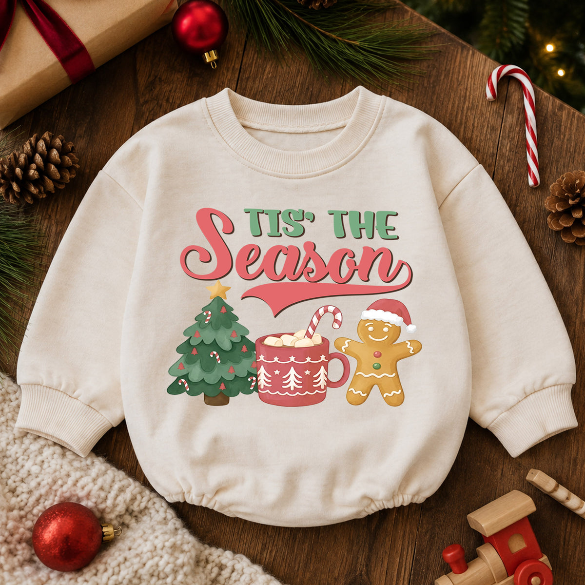Tis the Season Christmas Baby Romper, Baby First Christmas Outfit, Gingerbread Hot Cocoa Tree, Toddler Xmas Outfit, Holiday Baby Gift — product view 6