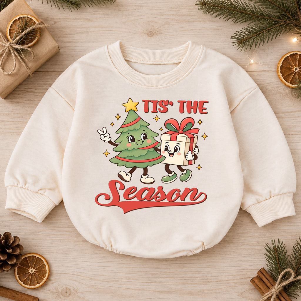 Tis the Season Baby Romper, Christmas Tree and Gift Holiday Outfit, Cute Toddler Xmas Romper, Sweet 1st Christmas Gift — product view 1