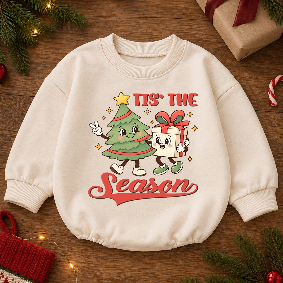 Tis the Season Baby Romper, Christmas Tree and Gift Holiday Outfit, Cute Toddler Xmas Romper, Sweet 1st Christmas Gift — product view 2