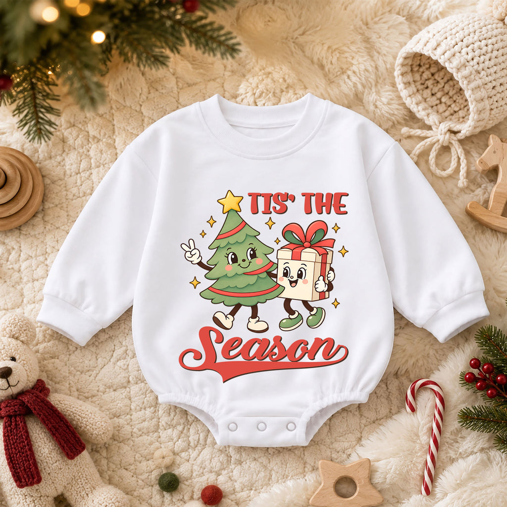 Tis the Season Baby Romper, Christmas Tree and Gift Holiday Outfit, Cute Toddler Xmas Romper, Sweet 1st Christmas Gift — product view 3