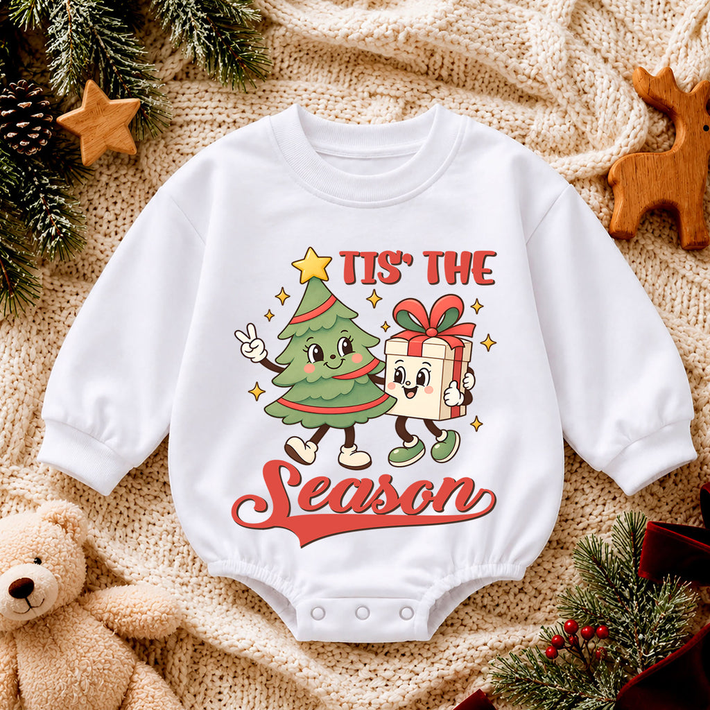 Tis the Season Baby Romper, Christmas Tree and Gift Holiday Outfit, Cute Toddler Xmas Romper, Sweet 1st Christmas Gift — product view 4