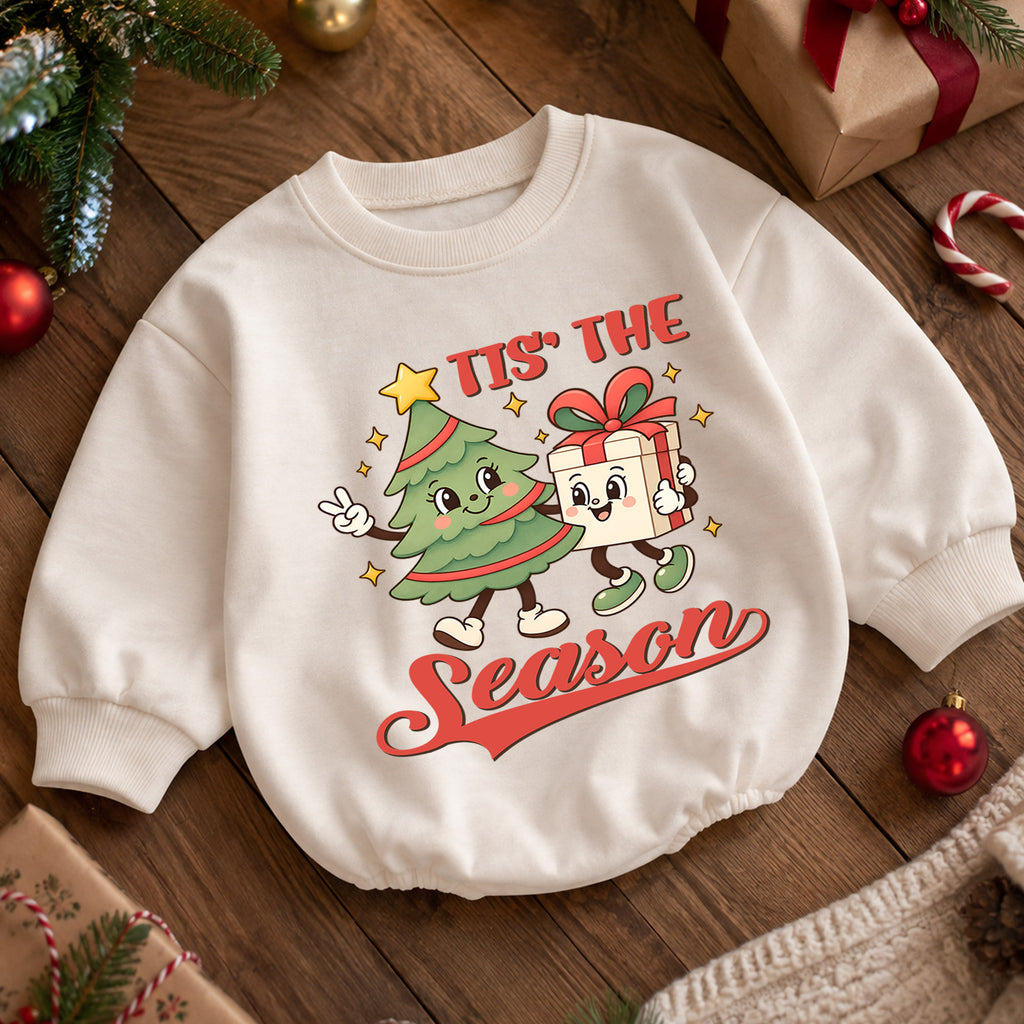 Tis the Season Baby Romper, Christmas Tree and Gift Holiday Outfit, Cute Toddler Xmas Romper, Sweet 1st Christmas Gift — product view 5