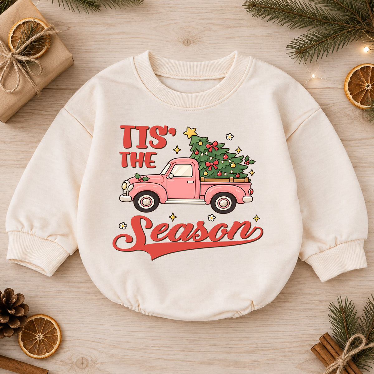 Tis the Season Baby Romper, Baby First Christmas Outfit, Pink Christmas Truck Tree, Toddler Girl Holiday Outfit, Xmas Baby Gift — product view 1