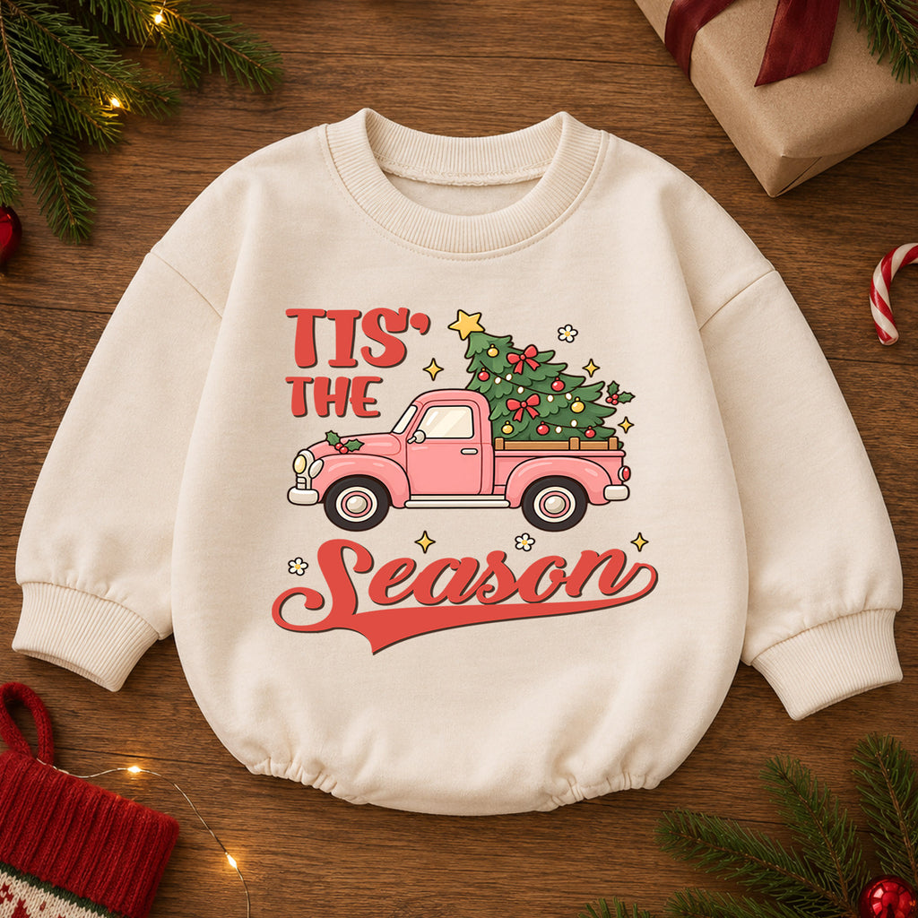 Tis the Season Baby Romper, Baby First Christmas Outfit, Pink Christmas Truck Tree, Toddler Girl Holiday Outfit, Xmas Baby Gift — product view 2