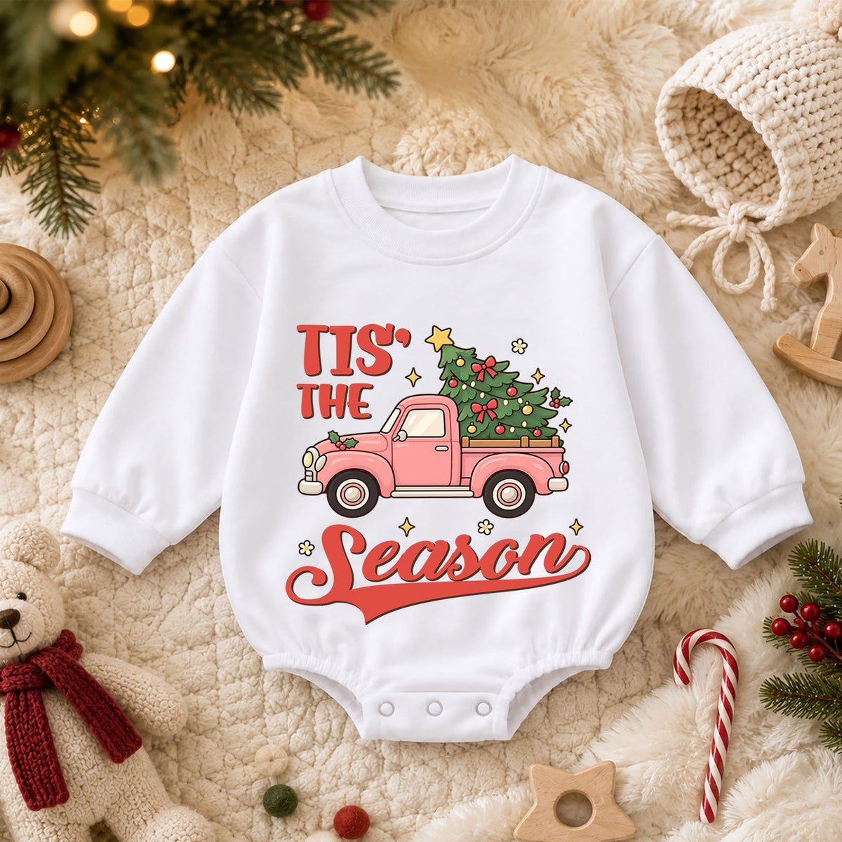 Tis the Season Baby Romper, Baby First Christmas Outfit, Pink Christmas Truck Tree, Toddler Girl Holiday Outfit, Xmas Baby Gift — product view 3