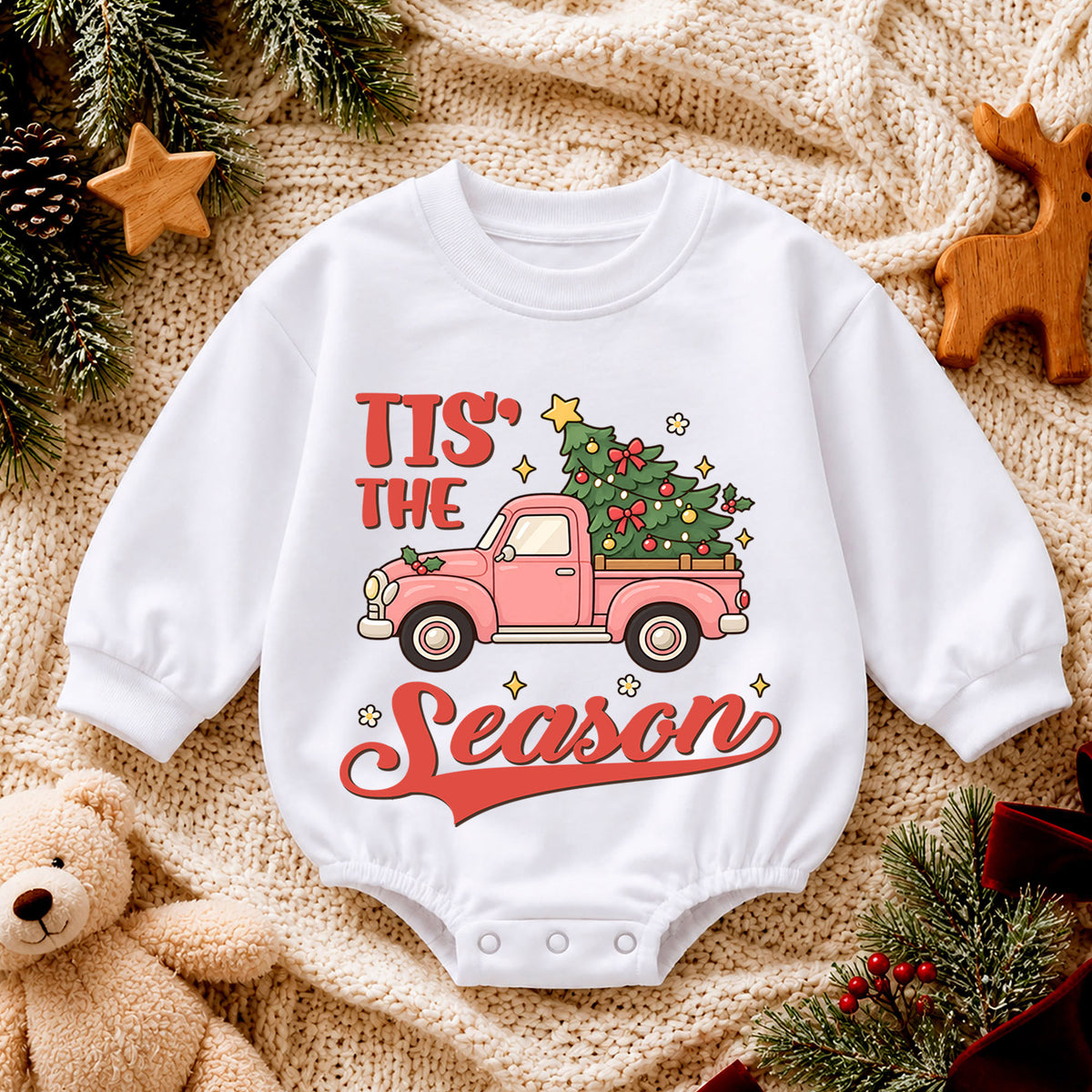 Tis the Season Baby Romper, Baby First Christmas Outfit, Pink Christmas Truck Tree, Toddler Girl Holiday Outfit, Xmas Baby Gift — product view 4