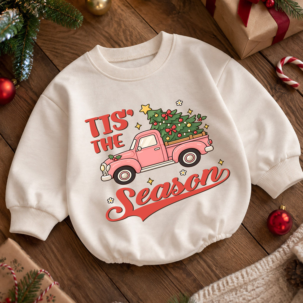 Tis the Season Baby Romper, Baby First Christmas Outfit, Pink Christmas Truck Tree, Toddler Girl Holiday Outfit, Xmas Baby Gift — product view 5