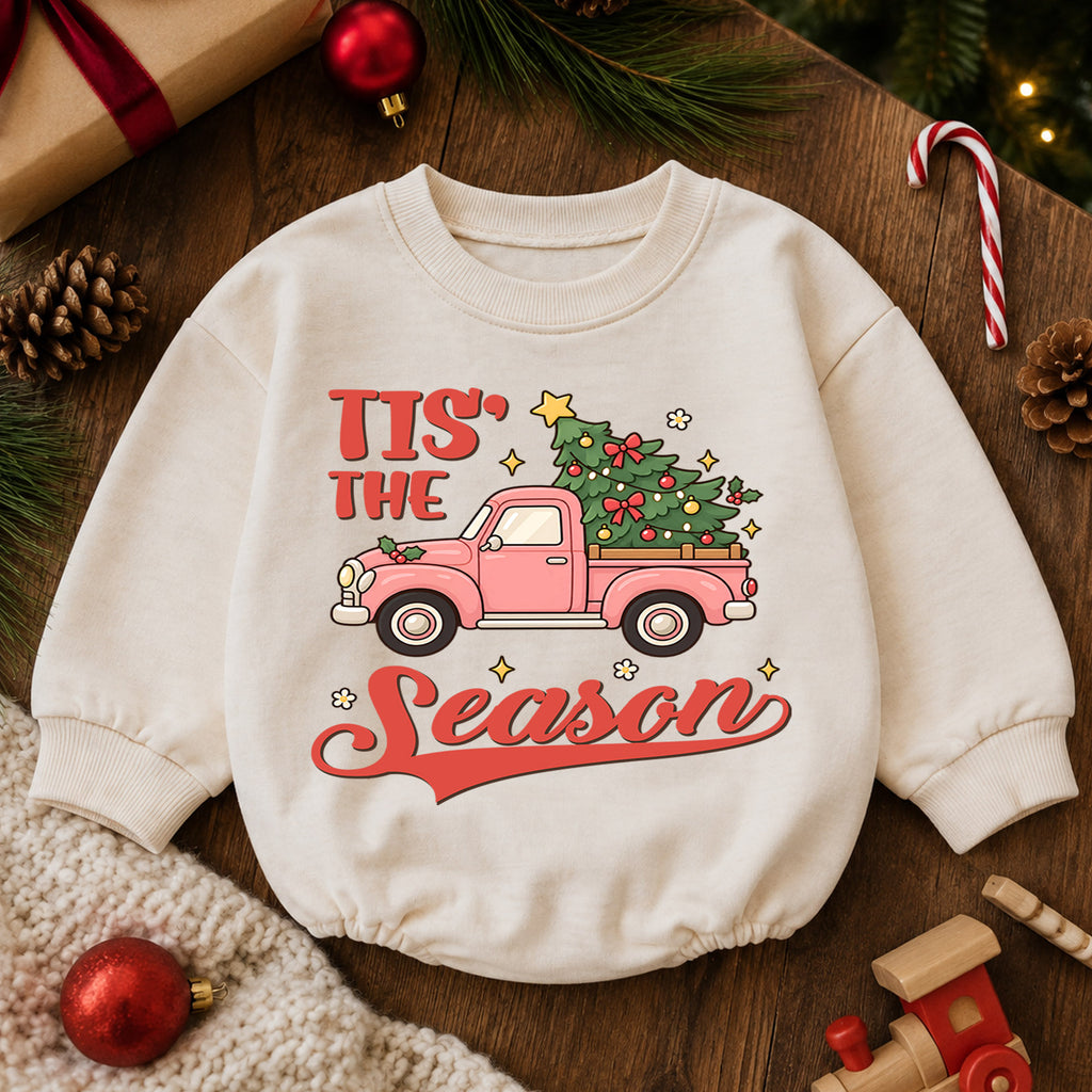 Tis the Season Baby Romper, Baby First Christmas Outfit, Pink Christmas Truck Tree, Toddler Girl Holiday Outfit, Xmas Baby Gift — product view 6