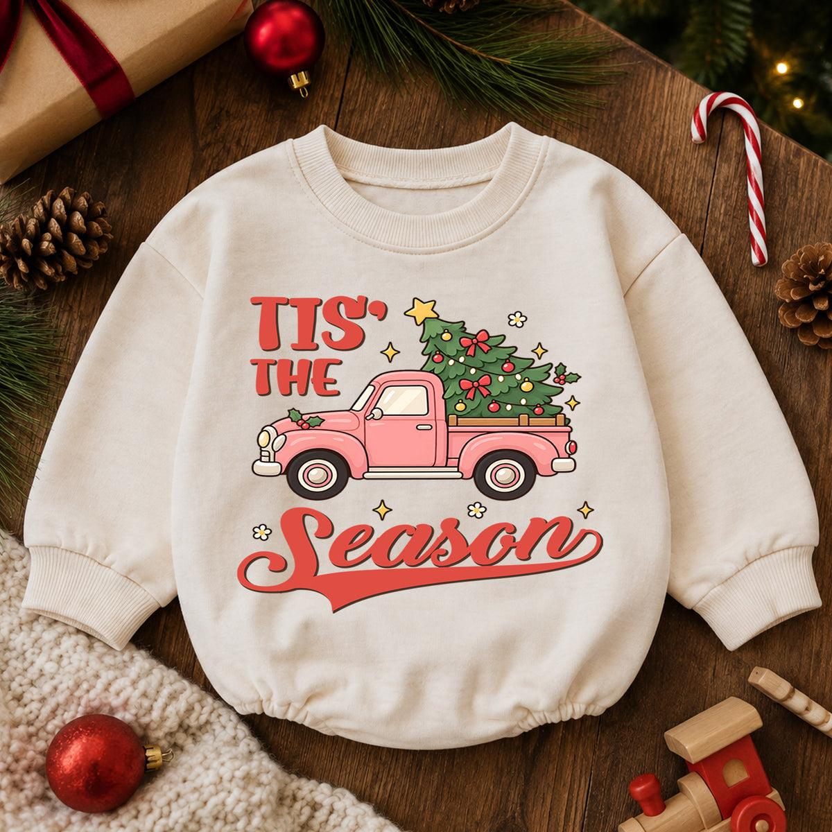 Tis the Season Baby Romper, Baby First Christmas Outfit, Pink Christmas Truck Tree, Toddler Girl Holiday Outfit, Xmas Baby Gift — product view 6
