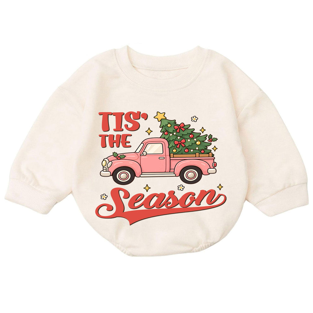 Tis the Season Baby Romper, Baby First Christmas Outfit, Pink Christmas Truck Tree, Toddler Girl Holiday Outfit, Xmas Baby Gift — product view 7