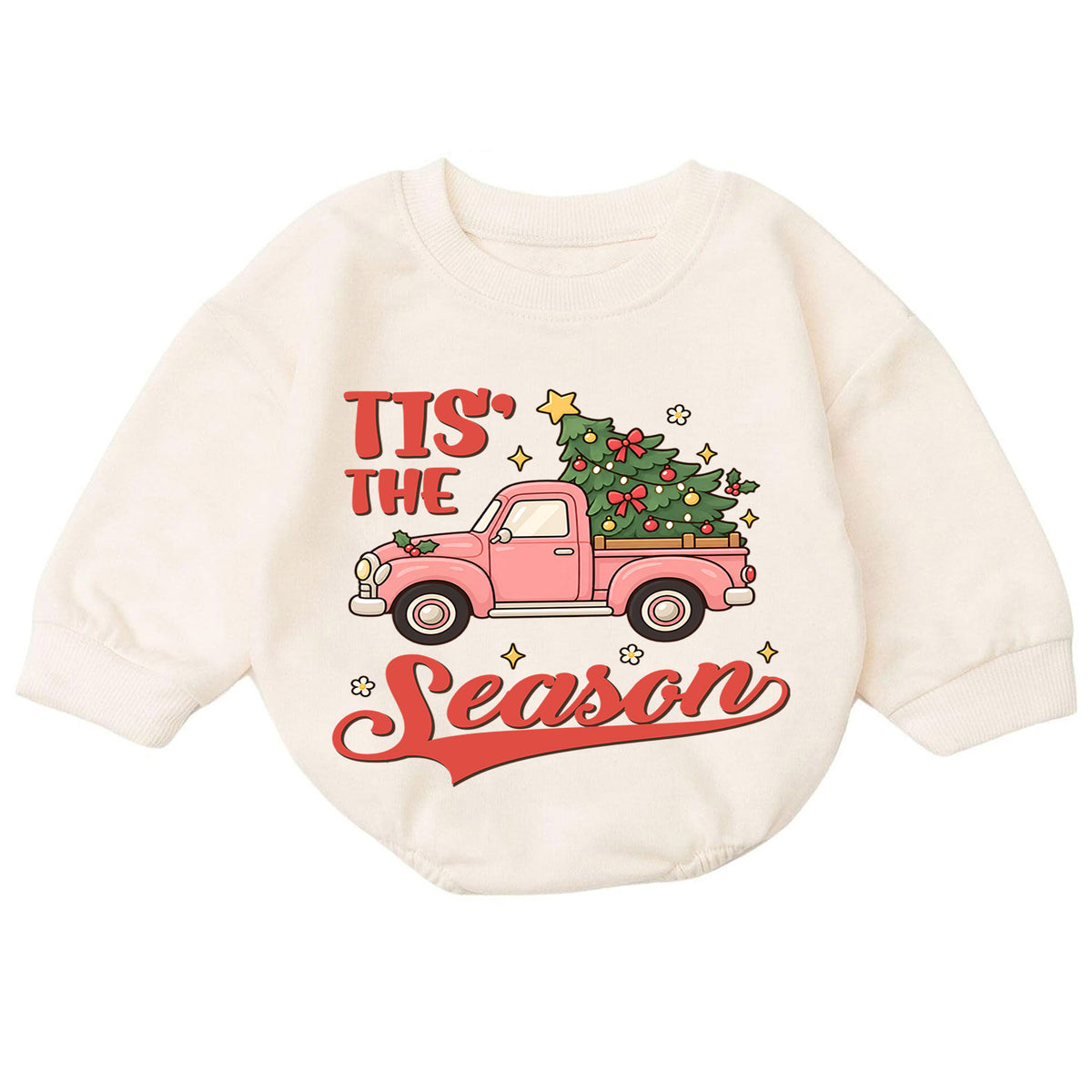 Tis the Season Baby Romper, Baby First Christmas Outfit, Pink Christmas Truck Tree, Toddler Girl Holiday Outfit, Xmas Baby Gift — product view 7