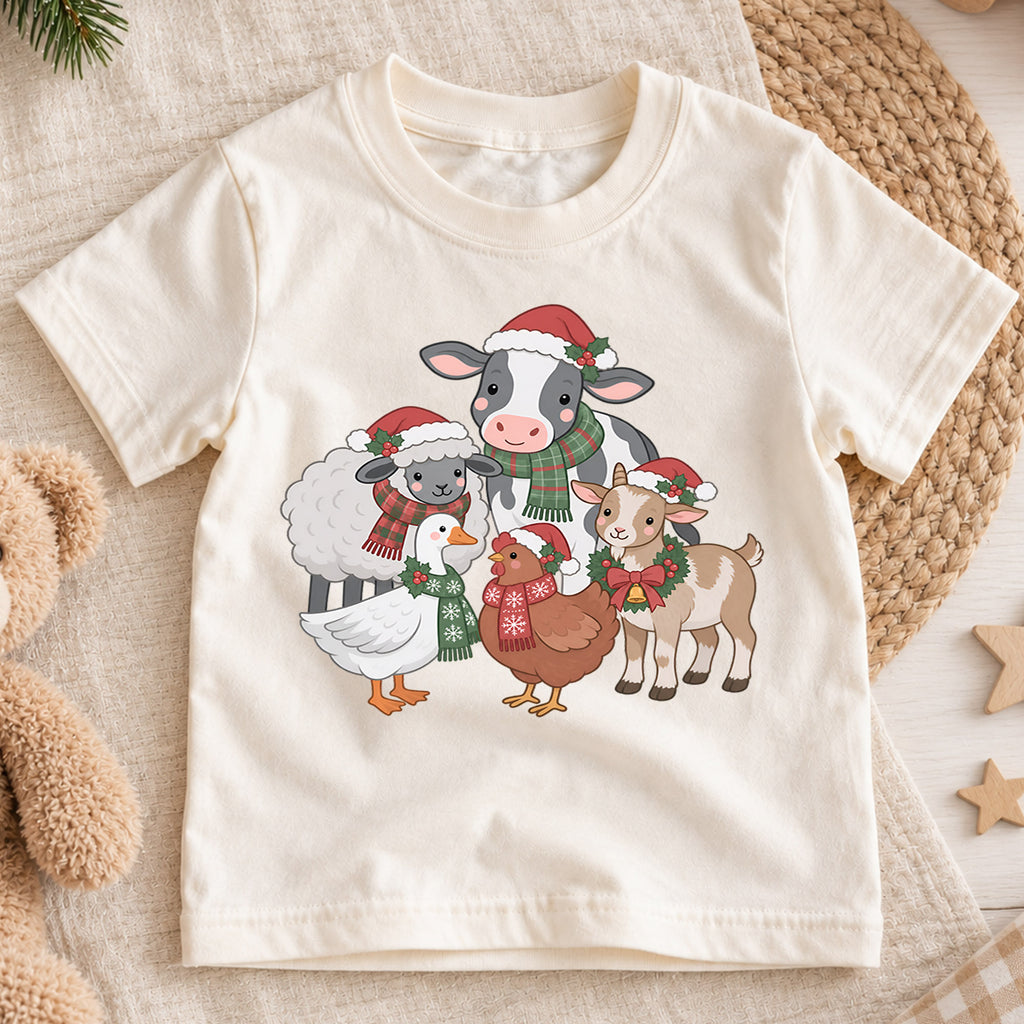 Christmas Farm Animals Kids Shirt, Cute Cow Sheep Goat Goose Chicken Tee, Farmhouse Holiday Outfit for Boys Girls, Christmas Gift for Kids — product view 1