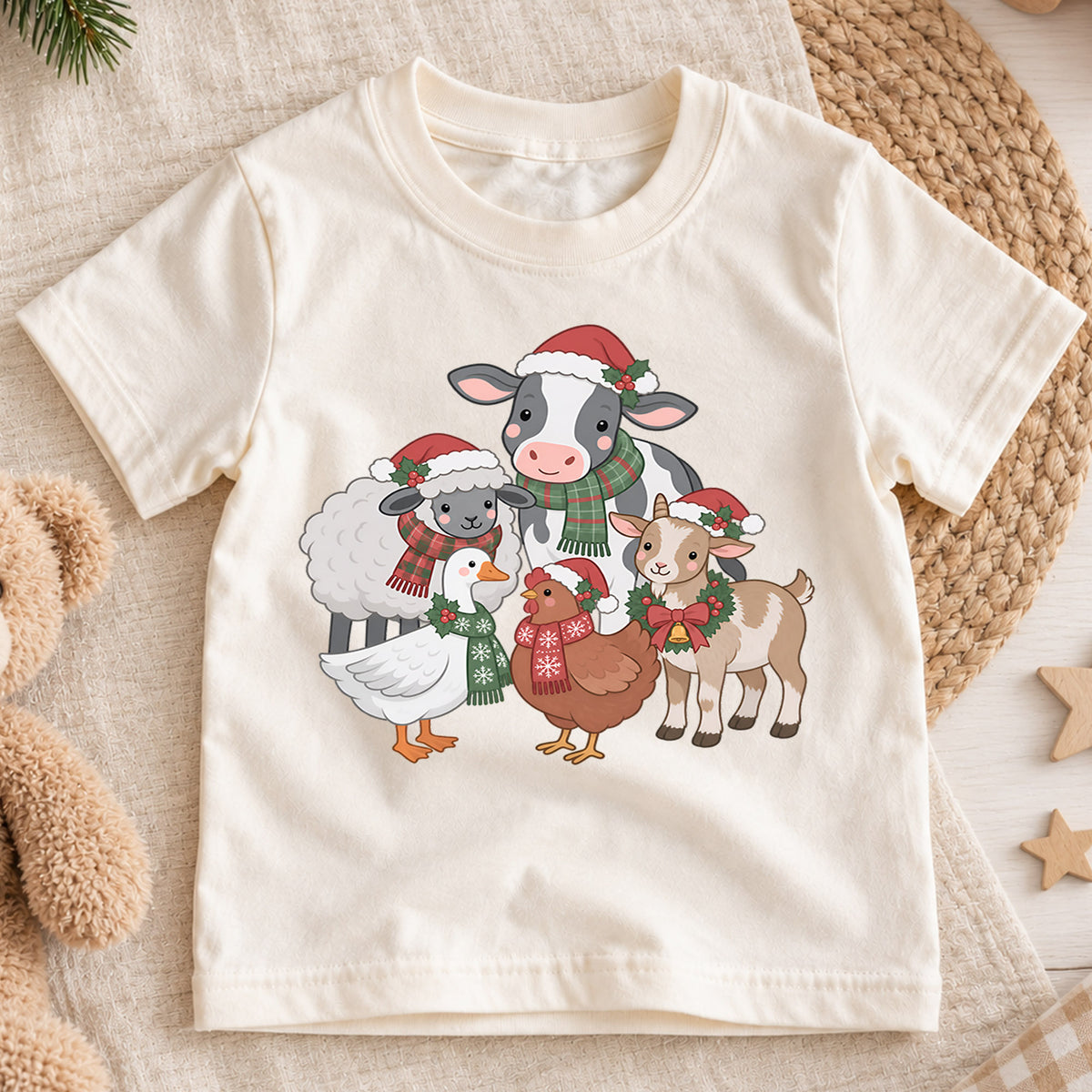Christmas Farm Animals Kids Shirt, Cute Cow Sheep Goat Goose Chicken Tee, Farmhouse Holiday Outfit for Boys Girls, Christmas Gift for Kids — product view 1