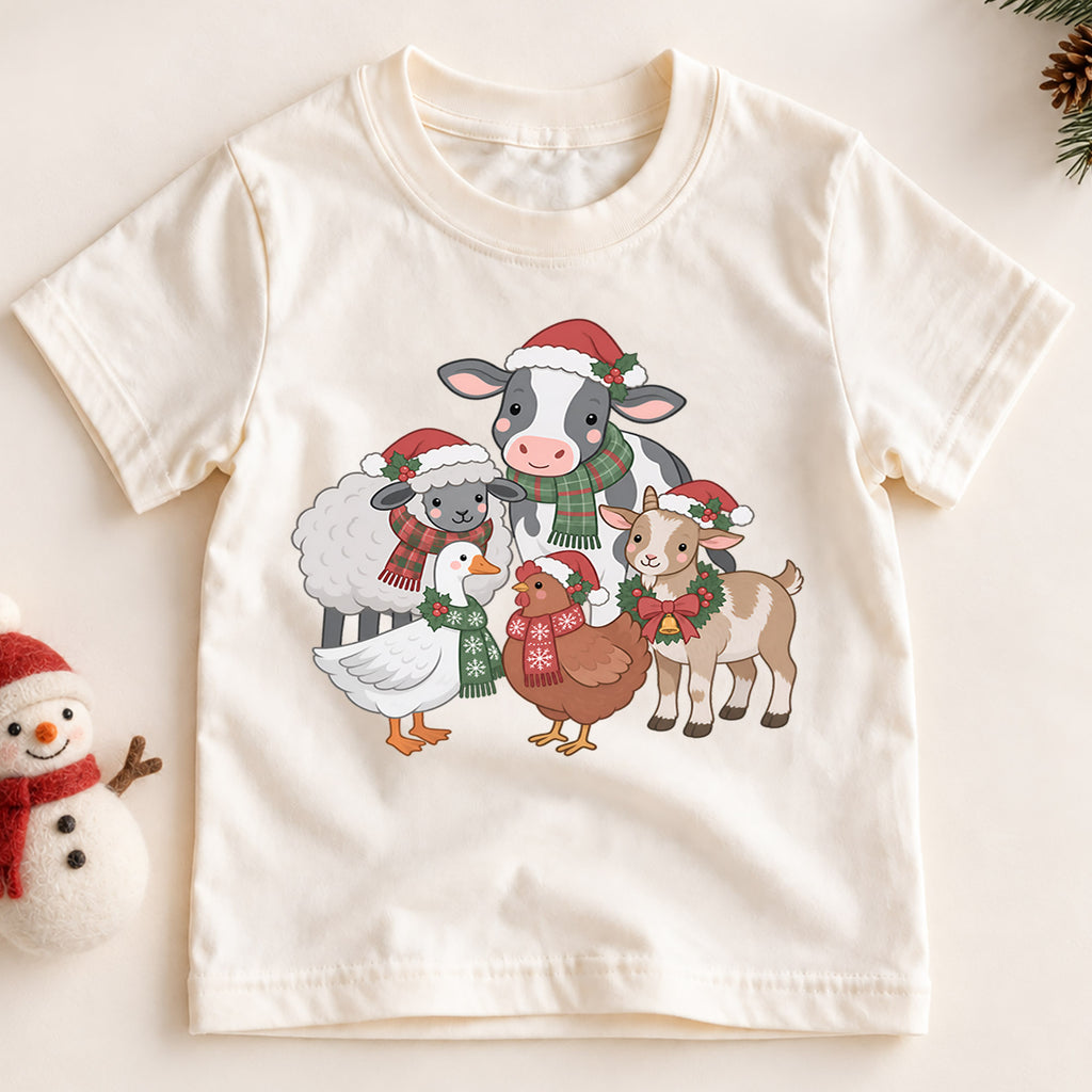 Christmas Farm Animals Kids Shirt, Cute Cow Sheep Goat Goose Chicken Tee, Farmhouse Holiday Outfit for Boys Girls, Christmas Gift for Kids — product view 2