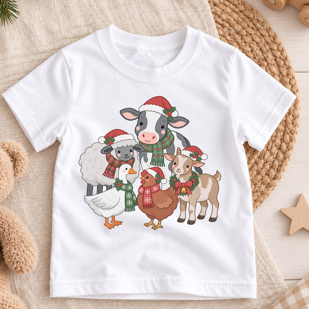 Christmas Farm Animals Kids Shirt, Cute Cow Sheep Goat Goose Chicken Tee, Farmhouse Holiday Outfit for Boys Girls, Christmas Gift for Kids — product view 3