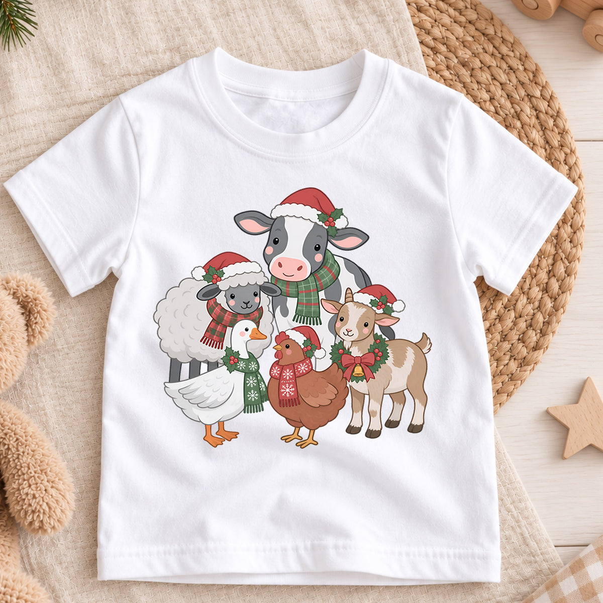 Christmas Farm Animals Kids Shirt, Cute Cow Sheep Goat Goose Chicken Tee, Farmhouse Holiday Outfit for Boys Girls, Christmas Gift for Kids — product view 3