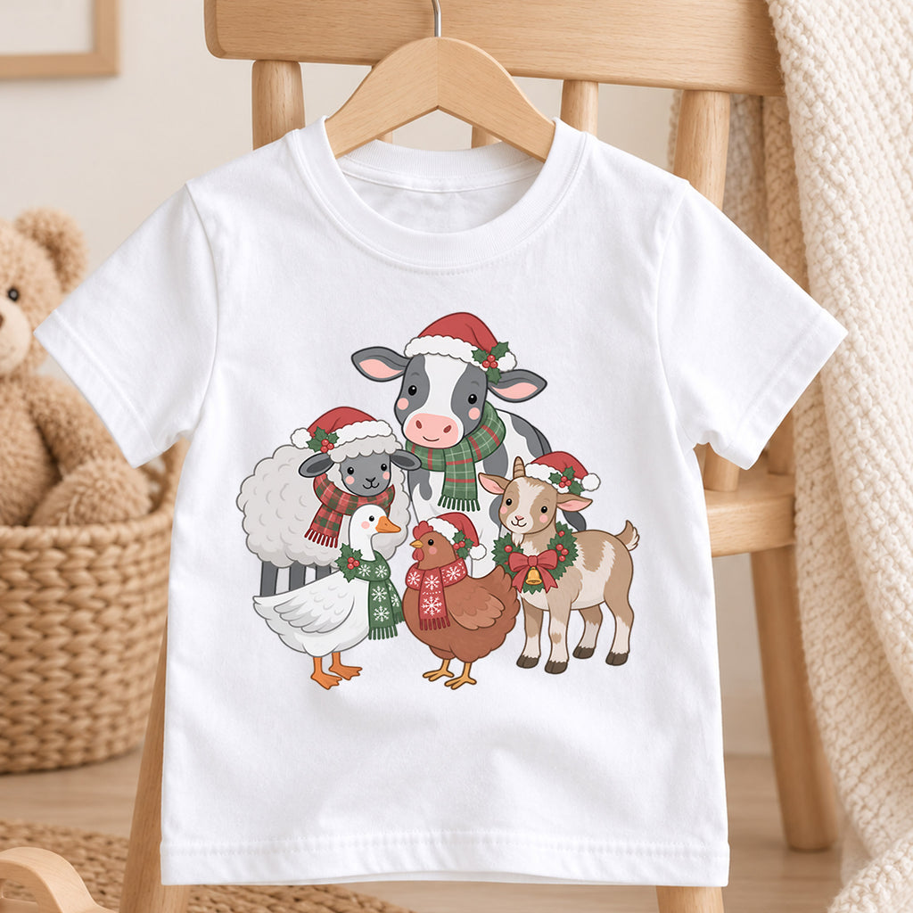 Christmas Farm Animals Kids Shirt, Cute Cow Sheep Goat Goose Chicken Tee, Farmhouse Holiday Outfit for Boys Girls, Christmas Gift for Kids — product view 4