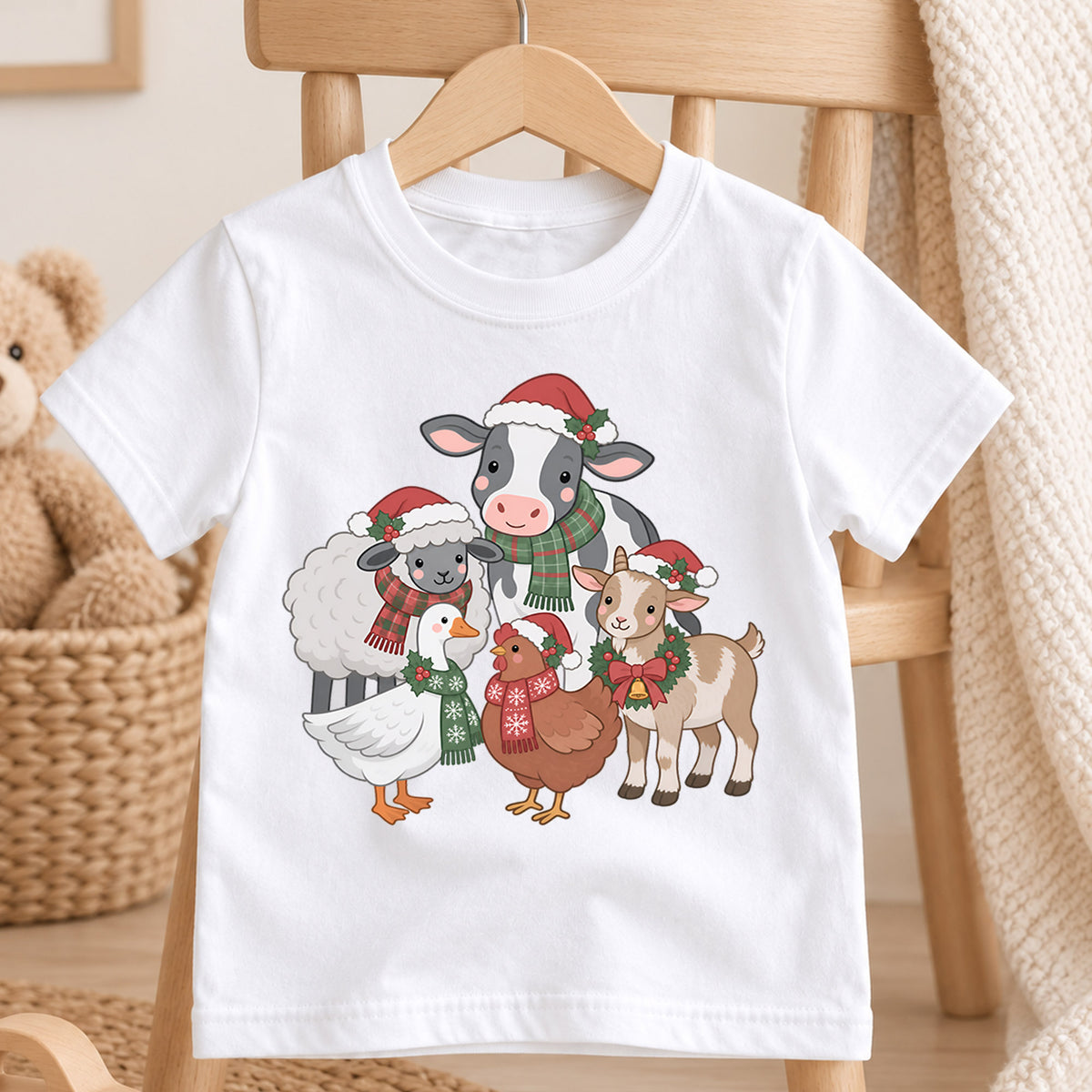 Christmas Farm Animals Kids Shirt, Cute Cow Sheep Goat Goose Chicken Tee, Farmhouse Holiday Outfit for Boys Girls, Christmas Gift for Kids — product view 4