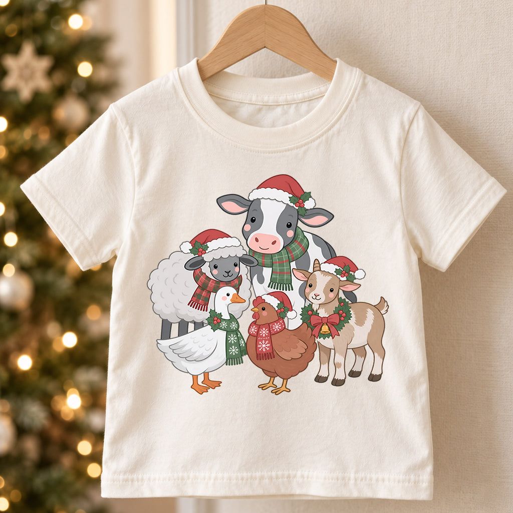 Christmas Farm Animals Kids Shirt, Cute Cow Sheep Goat Goose Chicken Tee, Farmhouse Holiday Outfit for Boys Girls, Christmas Gift for Kids — product view 5