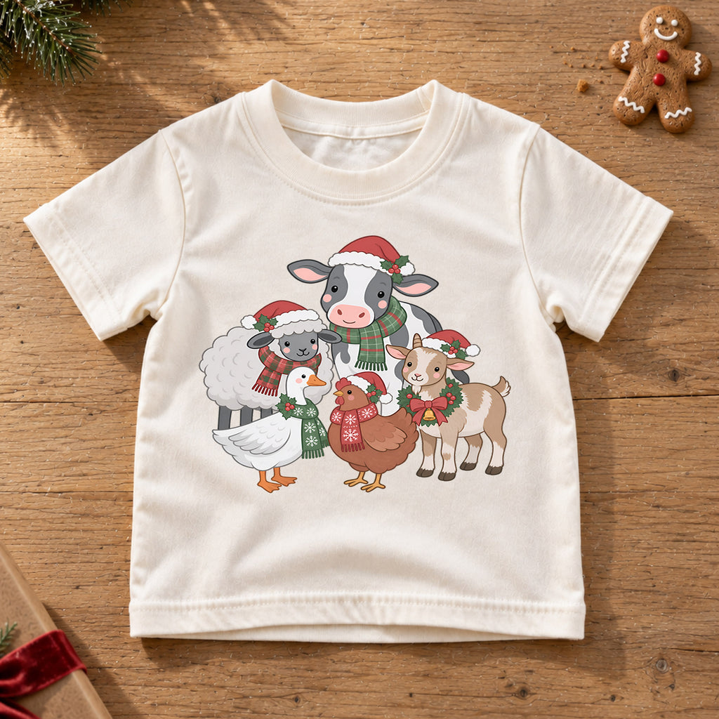 Christmas Farm Animals Kids Shirt, Cute Cow Sheep Goat Goose Chicken Tee, Farmhouse Holiday Outfit for Boys Girls, Christmas Gift for Kids — product view 6