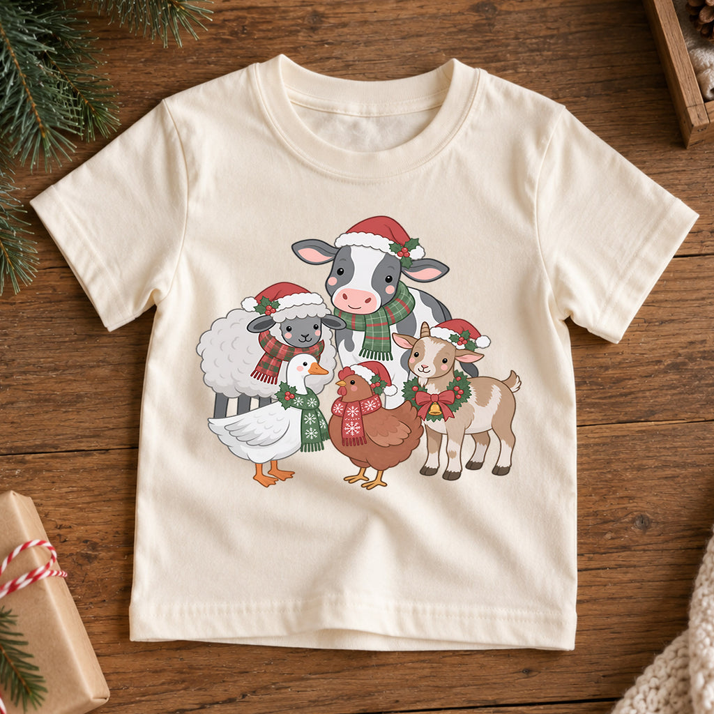 Christmas Farm Animals Kids Shirt, Cute Cow Sheep Goat Goose Chicken Tee, Farmhouse Holiday Outfit for Boys Girls, Christmas Gift for Kids — product view 7