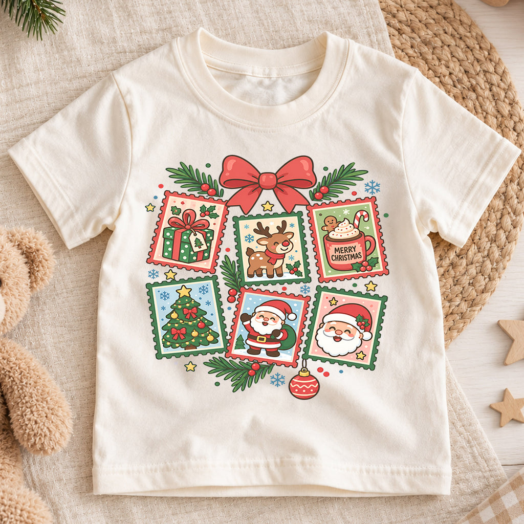 Christmas Stamp Collage Kids Shirt, Santa Reindeer Christmas Tree Tee, Cute Holiday Shirt for Boys and Girls, Vintage Christmas Outfit — product view 1