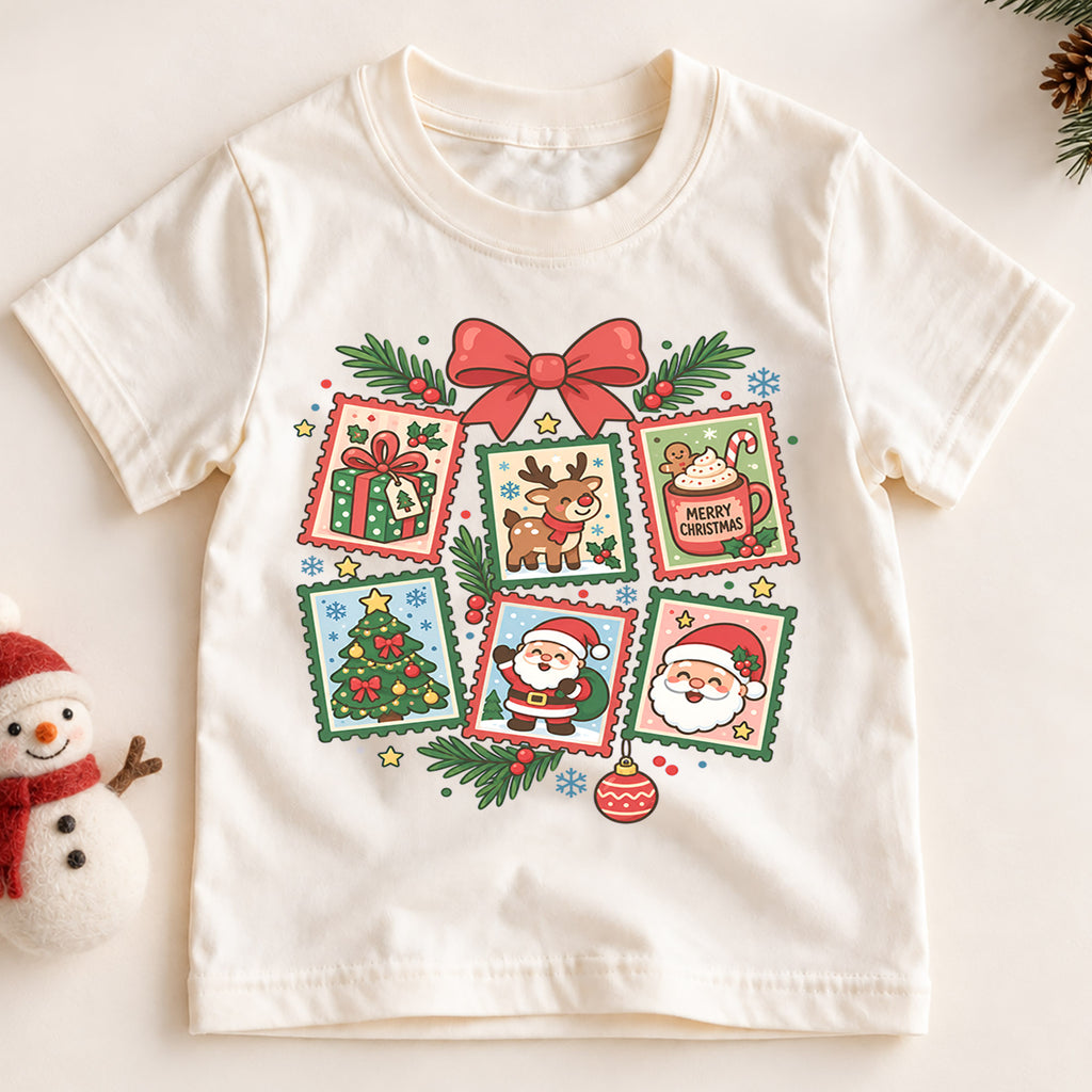 Christmas Stamp Collage Kids Shirt, Santa Reindeer Christmas Tree Tee, Cute Holiday Shirt for Boys and Girls, Vintage Christmas Outfit — product view 2