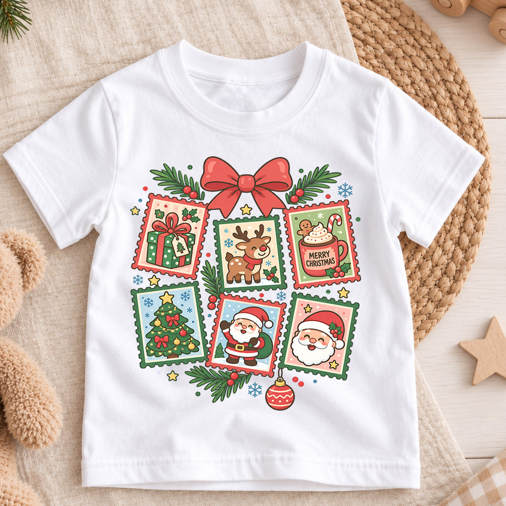 Christmas Stamp Collage Kids Shirt, Santa Reindeer Christmas Tree Tee, Cute Holiday Shirt for Boys and Girls, Vintage Christmas Outfit — product view 3
