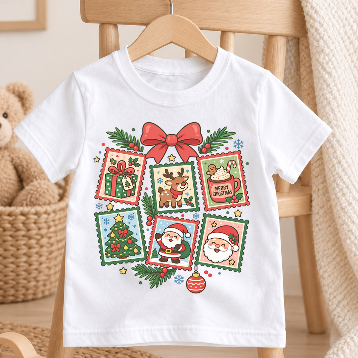 Christmas Stamp Collage Kids Shirt, Santa Reindeer Christmas Tree Tee, Cute Holiday Shirt for Boys and Girls, Vintage Christmas Outfit — product view 4