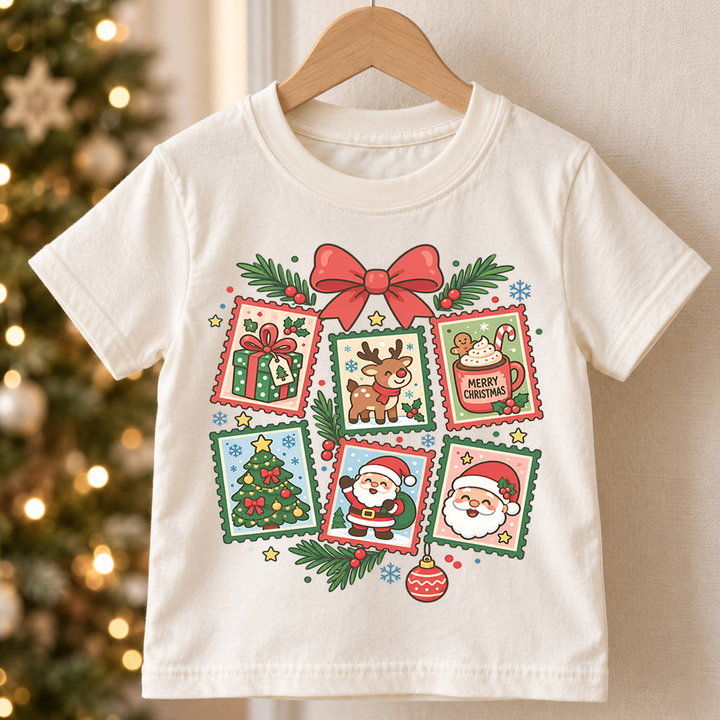 Christmas Stamp Collage Kids Shirt, Santa Reindeer Christmas Tree Tee, Cute Holiday Shirt for Boys and Girls, Vintage Christmas Outfit — product view 5