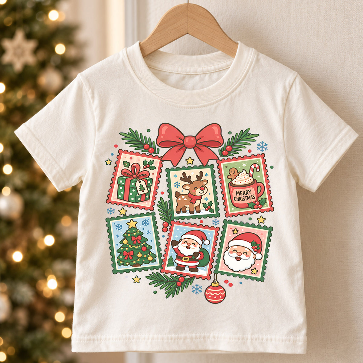 Christmas Stamp Collage Kids Shirt, Santa Reindeer Christmas Tree Tee, Cute Holiday Shirt for Boys and Girls, Vintage Christmas Outfit — product view 5