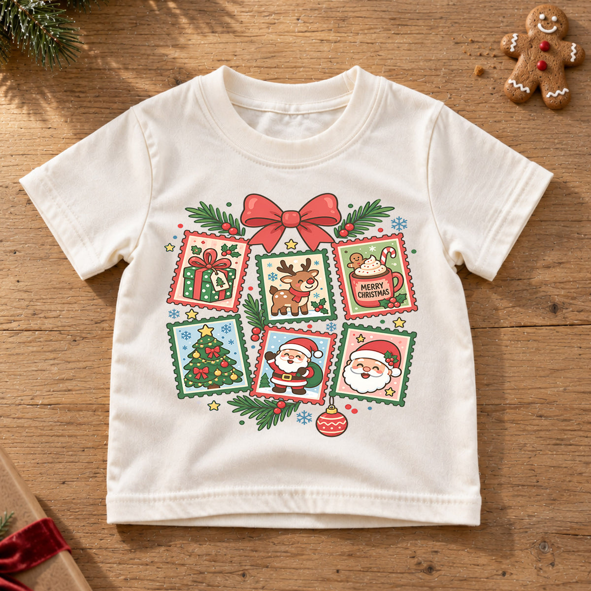Christmas Stamp Collage Kids Shirt, Santa Reindeer Christmas Tree Tee, Cute Holiday Shirt for Boys and Girls, Vintage Christmas Outfit — product view 6