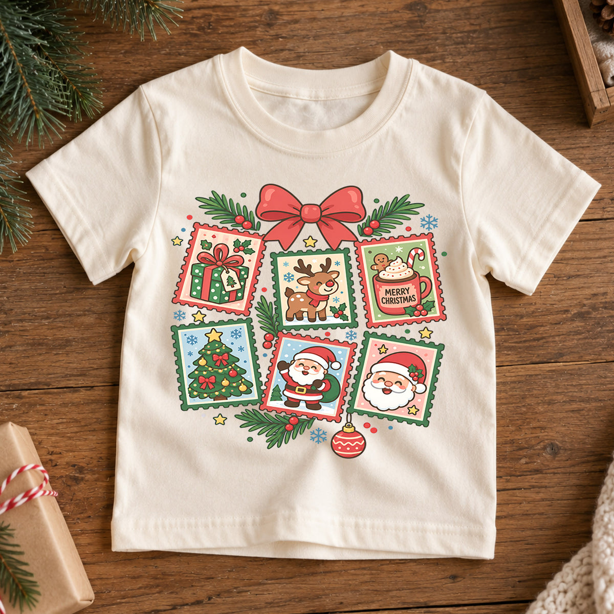 Christmas Stamp Collage Kids Shirt, Santa Reindeer Christmas Tree Tee, Cute Holiday Shirt for Boys and Girls, Vintage Christmas Outfit — product view 7