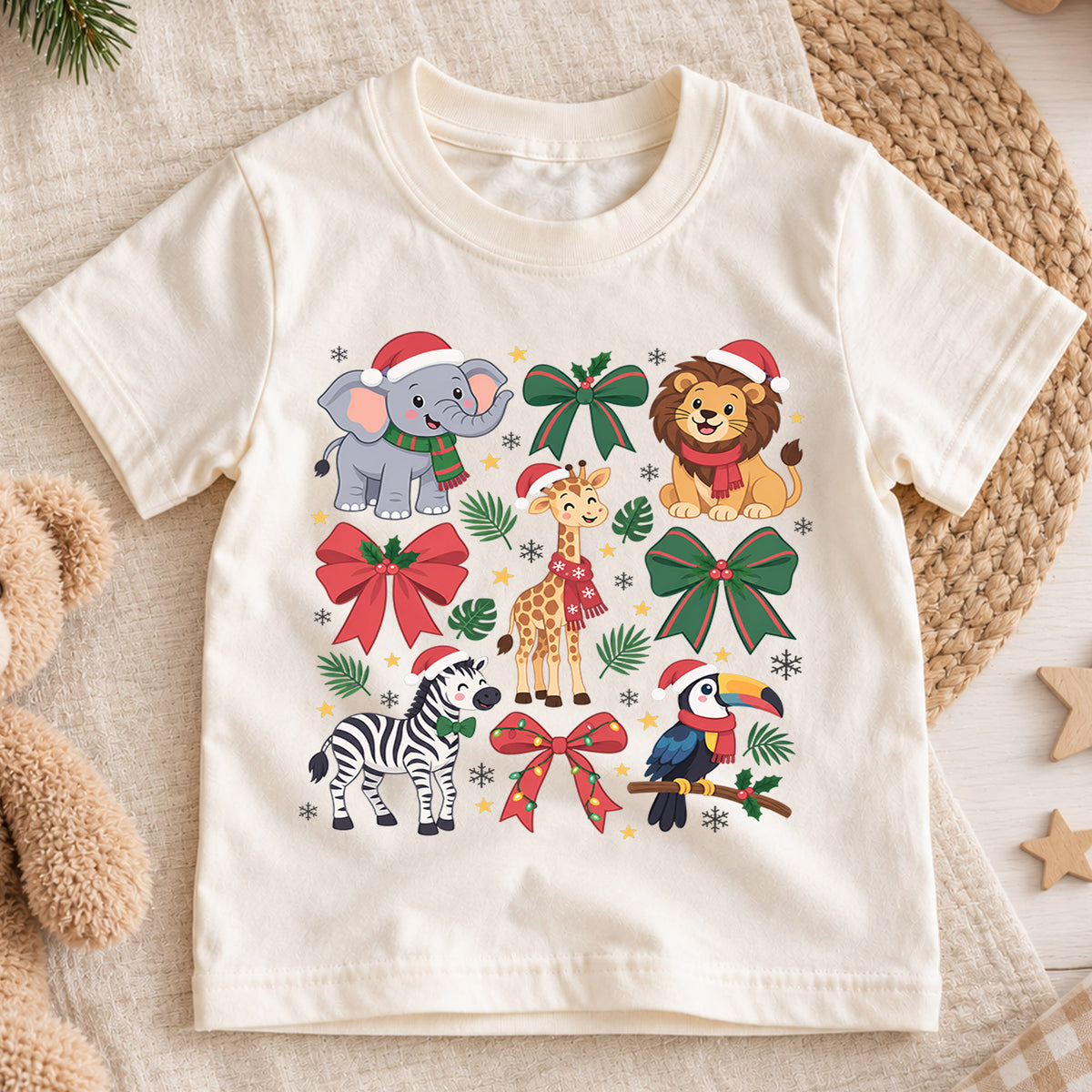 Safari Animals Christmas Kids Shirt, Cute Elephant Lion Giraffe Zebra Tee, Jungle Holiday Outfit for Boys Girls, Christmas Gift for Kids — product view 1