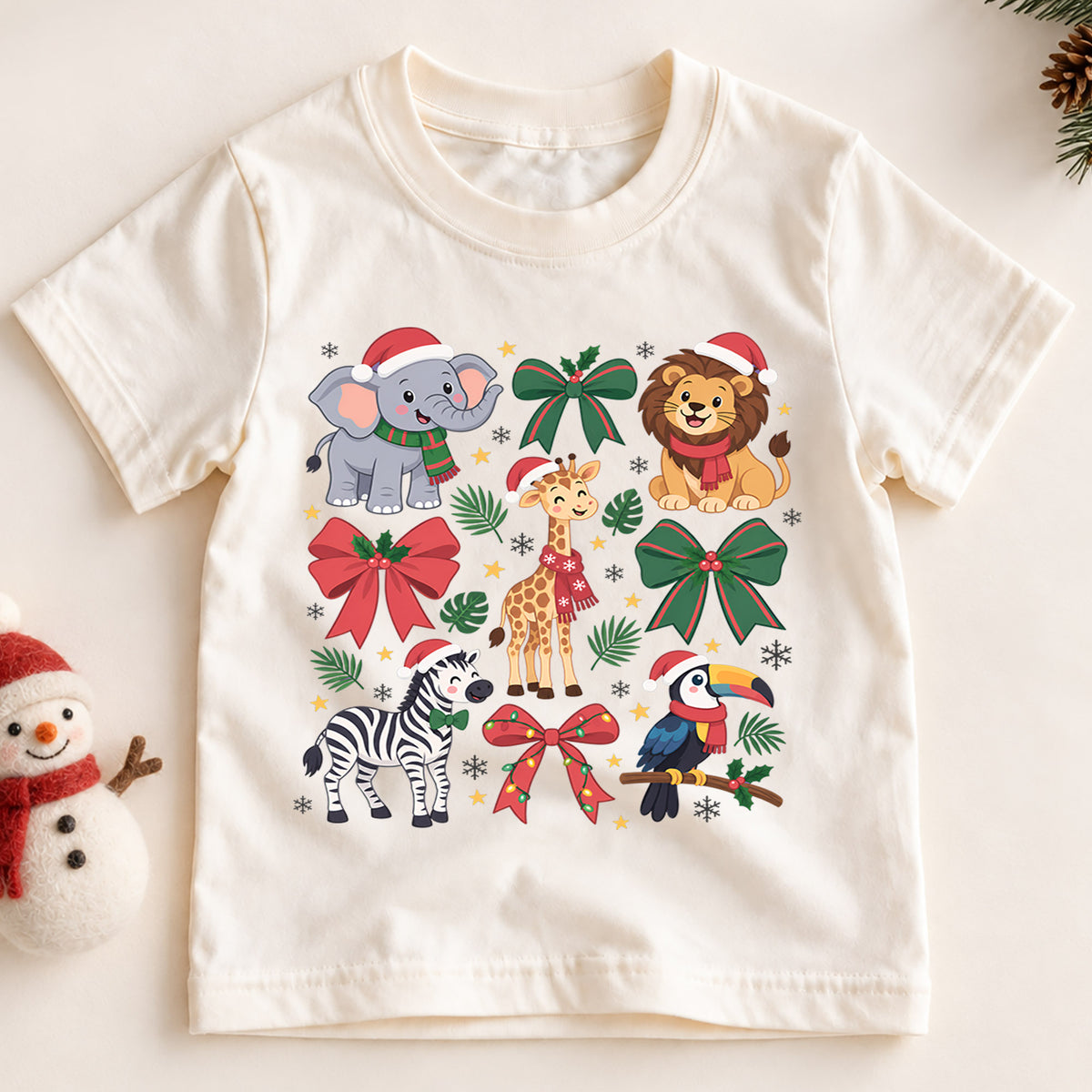 Safari Animals Christmas Kids Shirt, Cute Elephant Lion Giraffe Zebra Tee, Jungle Holiday Outfit for Boys Girls, Christmas Gift for Kids — product view 2