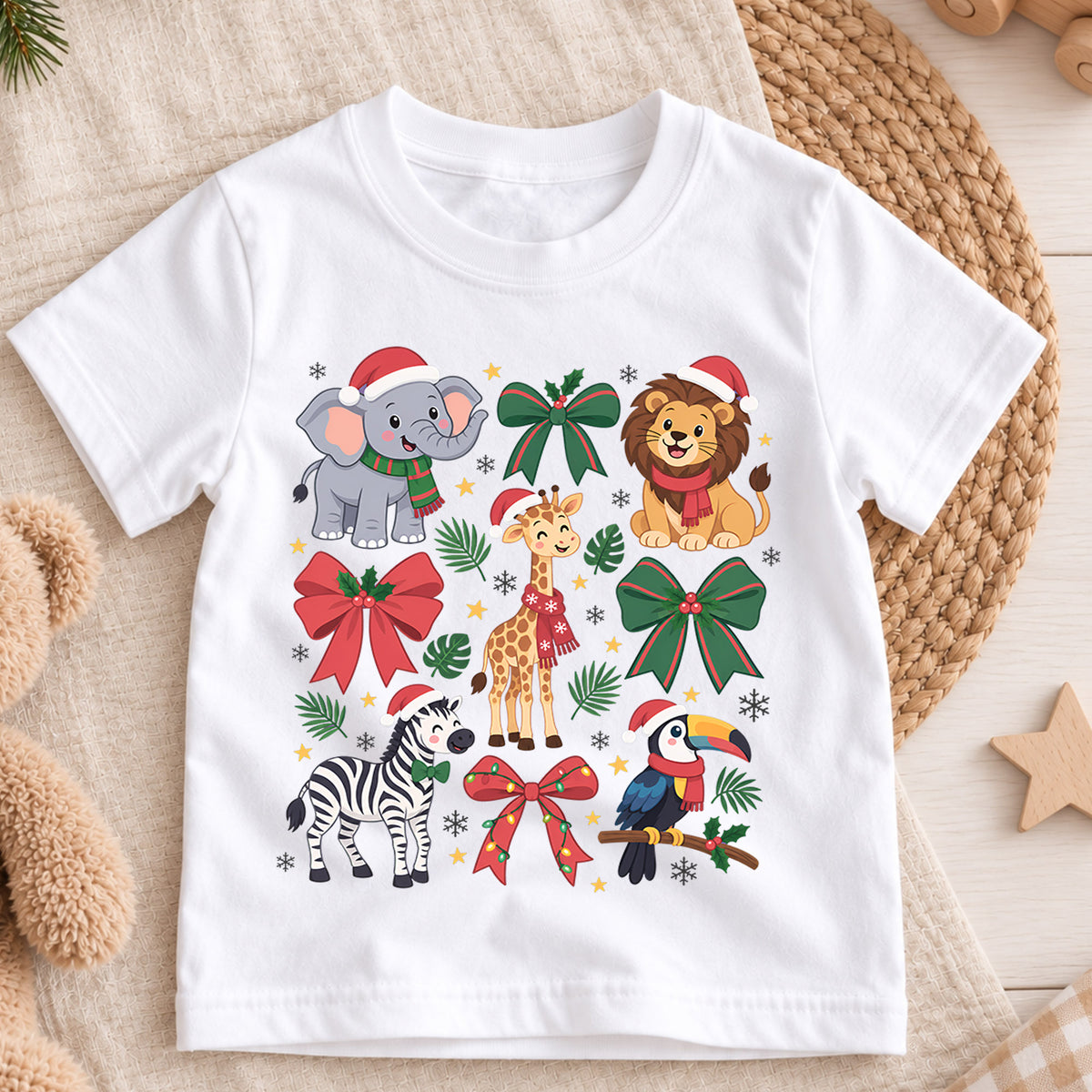 Safari Animals Christmas Kids Shirt, Cute Elephant Lion Giraffe Zebra Tee, Jungle Holiday Outfit for Boys Girls, Christmas Gift for Kids — product view 3