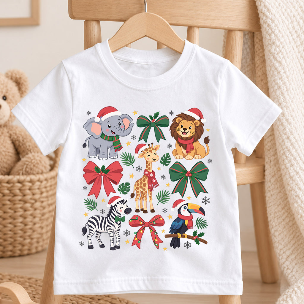 Safari Animals Christmas Kids Shirt, Cute Elephant Lion Giraffe Zebra Tee, Jungle Holiday Outfit for Boys Girls, Christmas Gift for Kids — product view 4