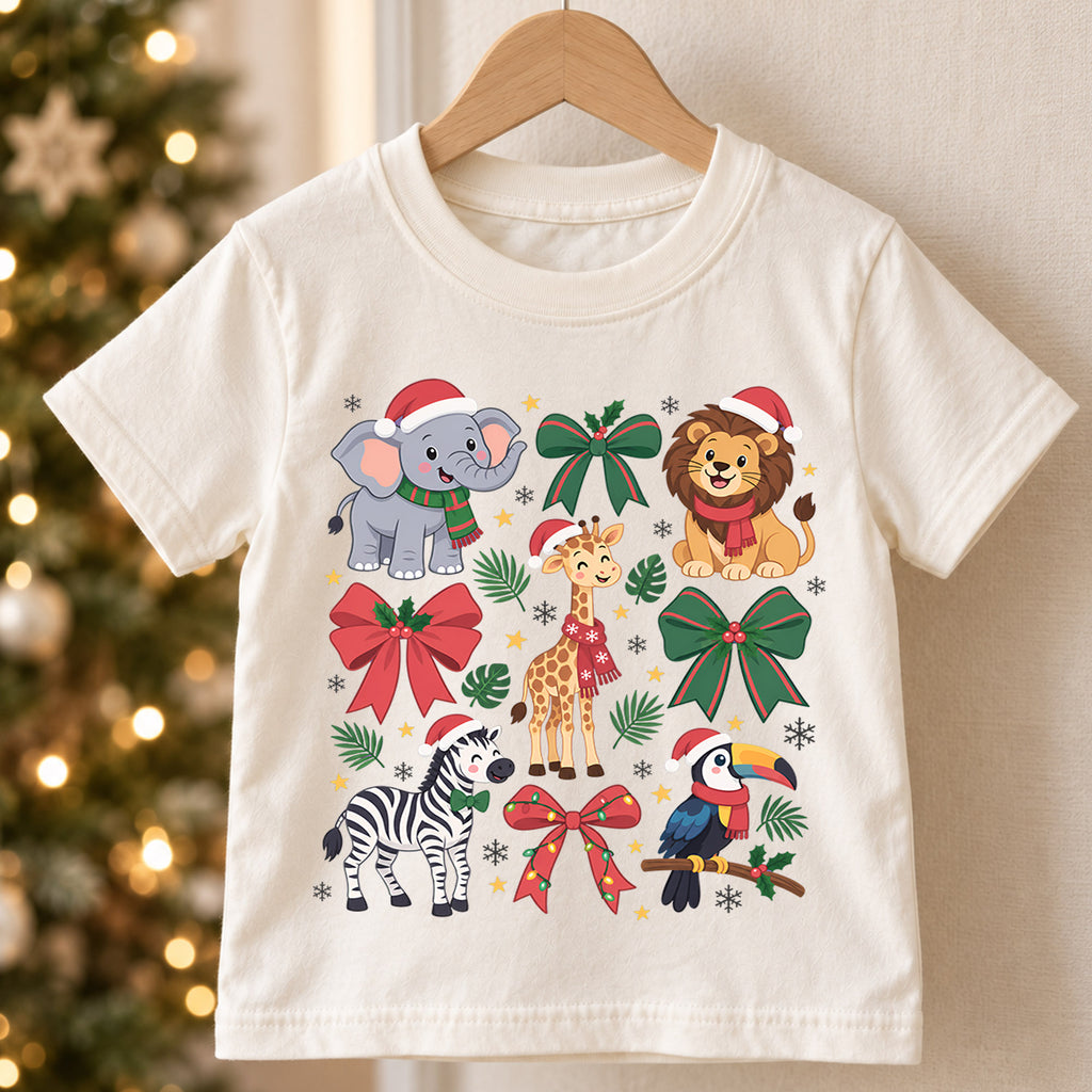 Safari Animals Christmas Kids Shirt, Cute Elephant Lion Giraffe Zebra Tee, Jungle Holiday Outfit for Boys Girls, Christmas Gift for Kids — product view 5